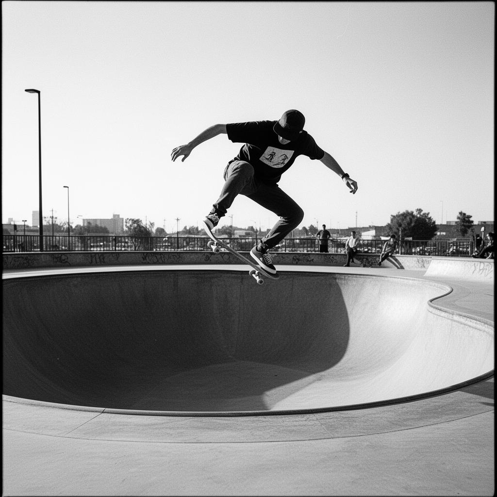 Skateboarder mid-trick over a concrete bowl